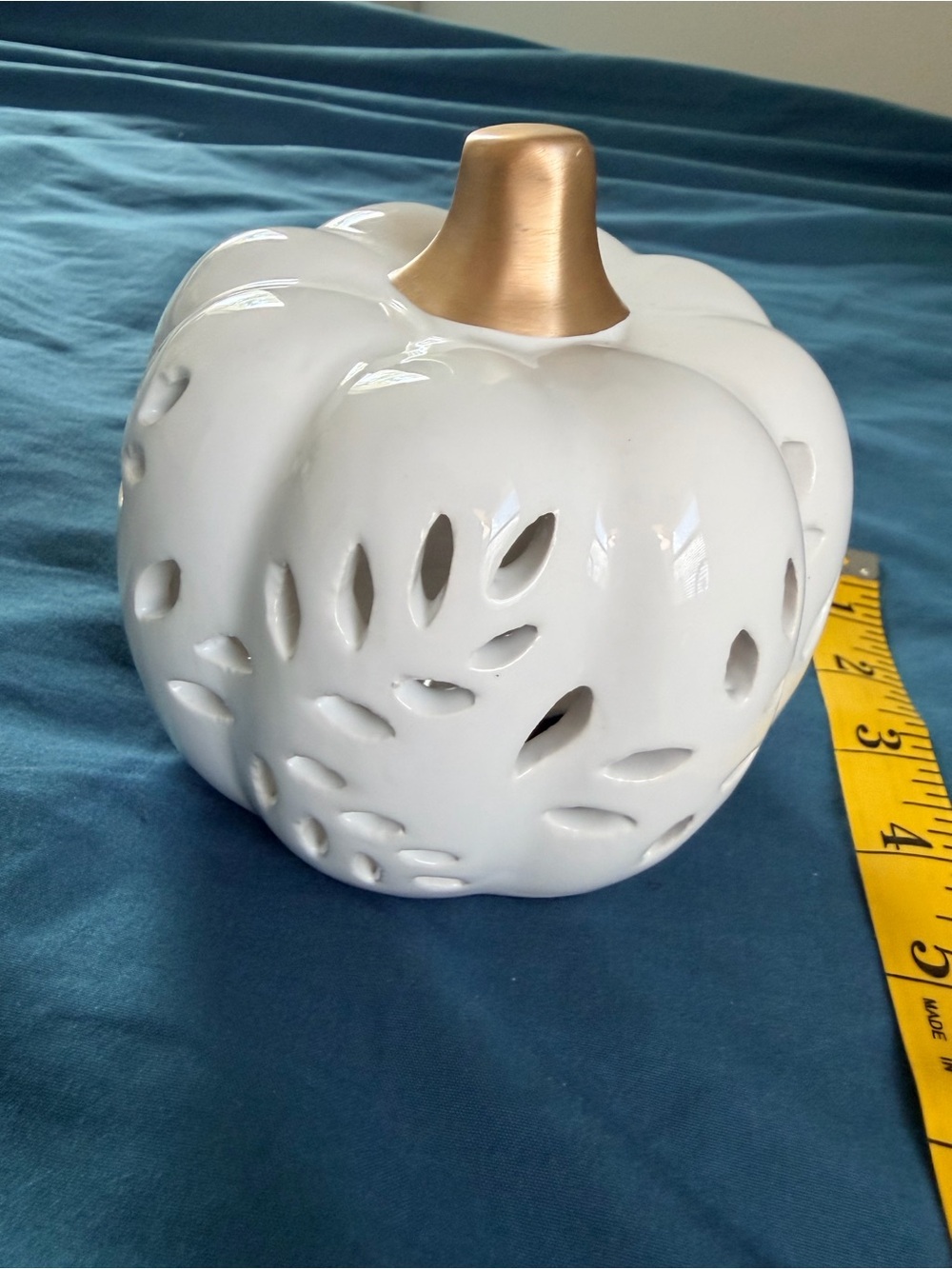White Ceramic Pumpkin Accent with Gold Stem